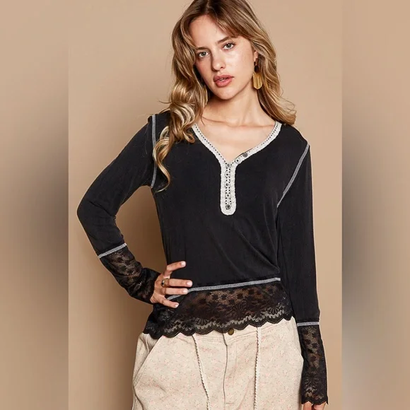 POL Black Henley Top Lace Sleeves - Picture 4 of 5